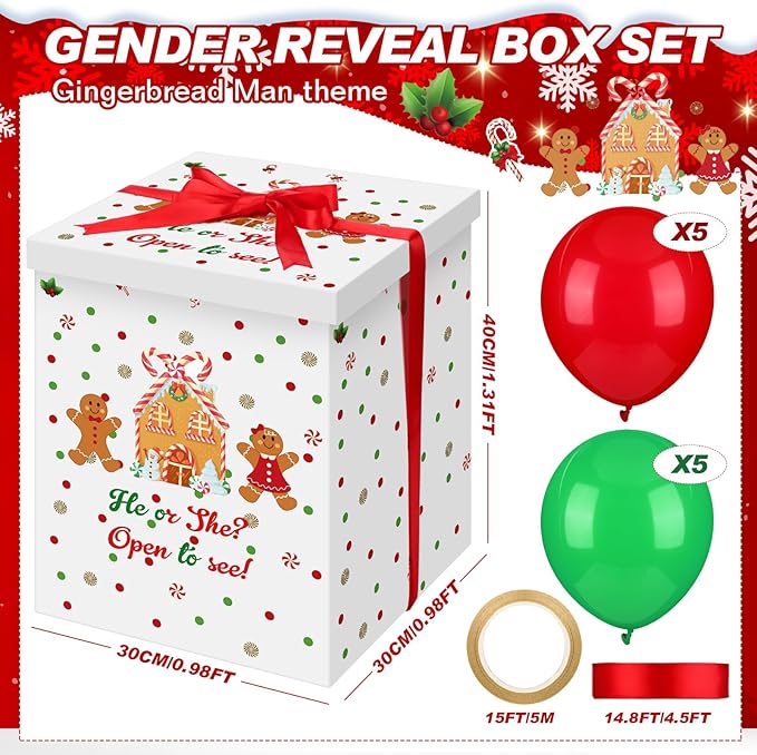 Hungdao Gender Reveal Balloon Box with Ribbon and 10 Pink and Blue Balloons Gender Reveal Games He or She Open to See for Party Decoration 12 x12 x16 (Gingerbread)