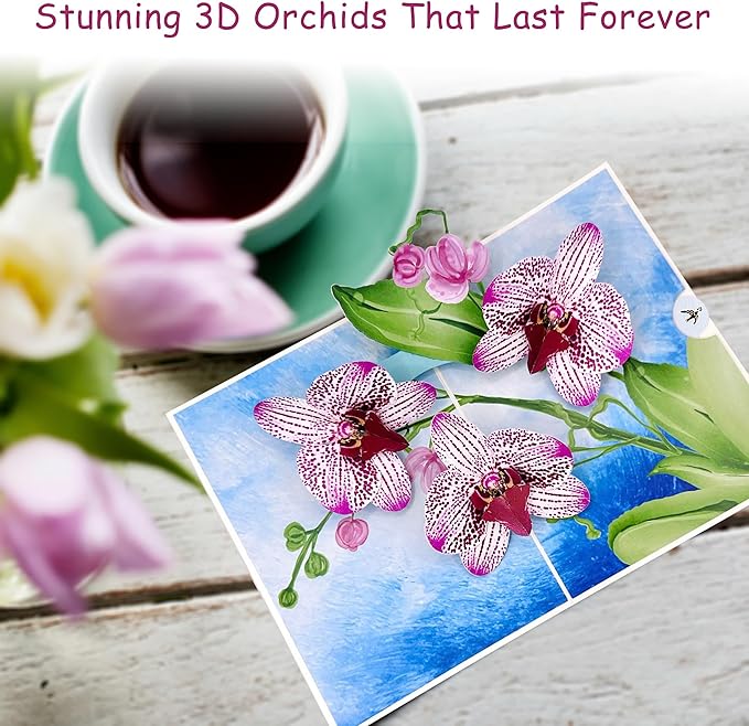 Birthday Cards, Mothers Day Pop Up Card, Beautiful 3D Orchid Pop Up Flowers, Light Up Mothers Day Flowers Card for Mom, Wife, Niece, Daughter, Sister, Includes Envelope and Message Note