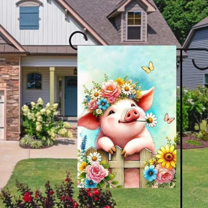 BlissYard Spring Garden Flag 12x18 Inches Double Sided Cute Pig Welcome Yard Flags Floral Crown Fence for Outside Decor Home Farmhouse Holiday Summer Decorations