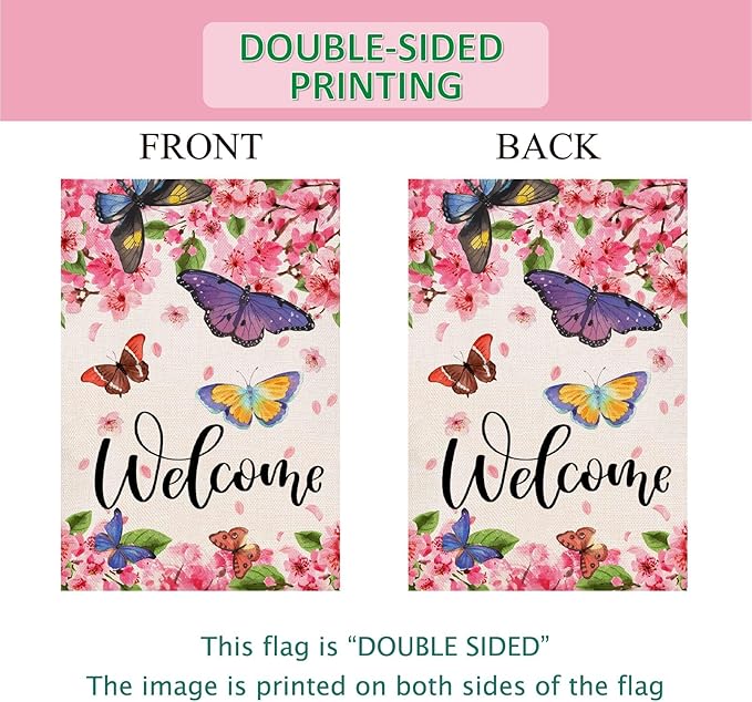 Baccessor Spring Summer Garden Flag Floral Bird Butterfly Flowers Welcome Spring Summer Flag 12.5 x 18 Inch Double Sided Burlap Small Spring Summer Flag for Outside Decor
