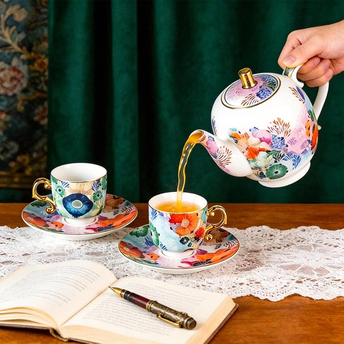 KAMMAK Tea Set for Adults Ceramic Tea Pots and Tea Cup Set, Colorful Tea Cups and Saucers Set for Afternoon Tea, Party, Home, Office, Mordern Porcelain Tea Set with Gold Rim（Coral Secret Realm）