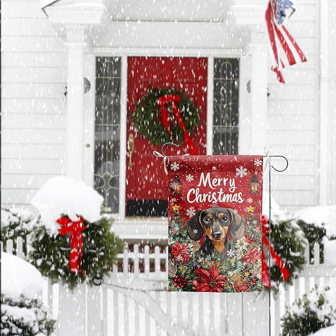 Christmas Dachshund Garden Flag Merry Christmas Dog Yard Flag for Outside Xmas Flags 12x18 Double Sided Red Poinsettia Garden Flags Winter Porch Decorations Outdoor