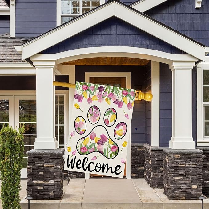 ZAEW Welcome Dog Paw Tulips Spring Large House Flag Burlap 28X40 Inch Vertical Double Sided Outside Yard Holiday Outdoor Farmhouse Decoration