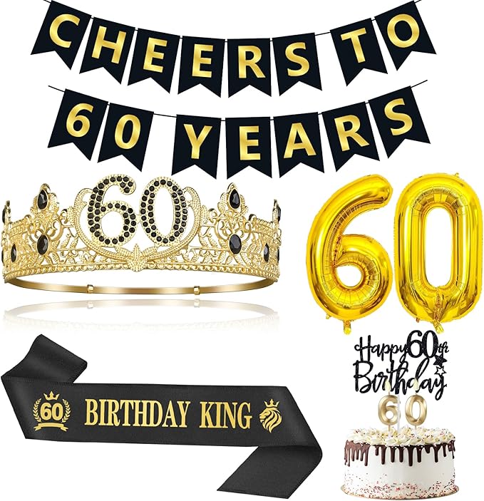 60th Birthday Gifts for Men, 60th Birthday Decorations for Men, Party Decor Supplies including King Crown & Sash & Banner & Balloons & Cake Topper & Candles