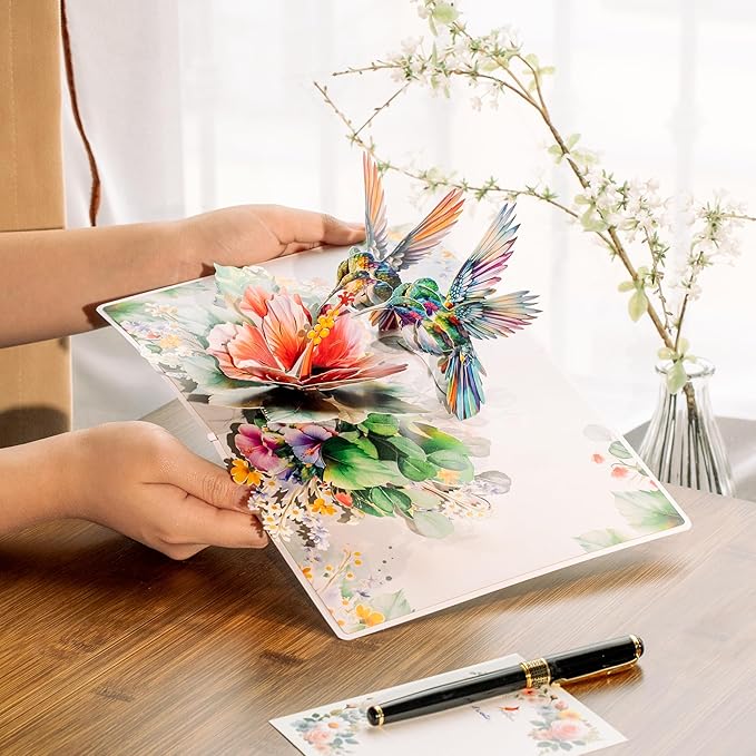 CUTPOPUP Birthday Card Pop Up, 3D Birthday Greeting Card, Mother's Day for Women, Mom, Wife, Grandma, Daughter (Hibicus Flower & Hummingbird Couple)