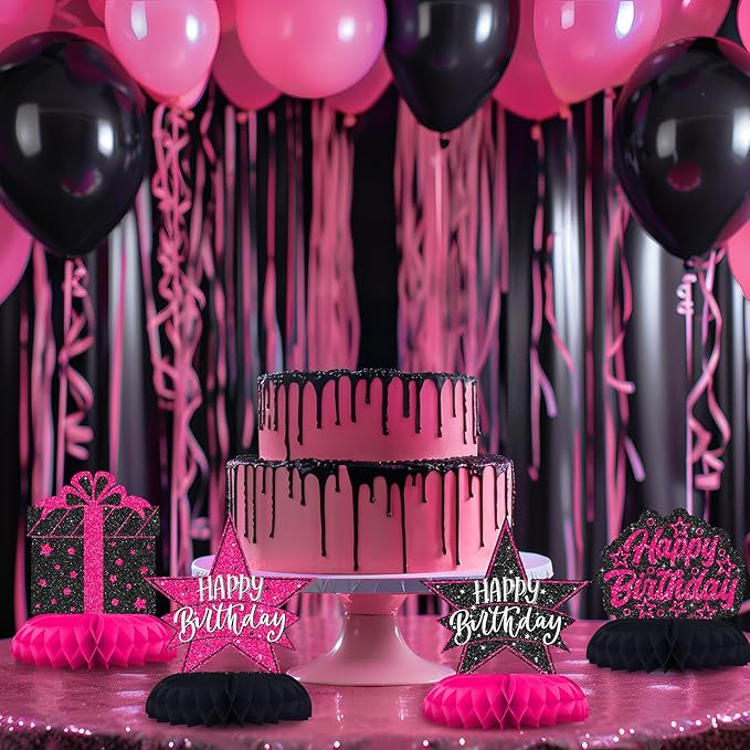 Hot Pink and Black Birthday Decorations – 12PCS Honeycomb Table Centerpieces for Girls Teens Women – Happy Birthday Table Decor Party Supplies