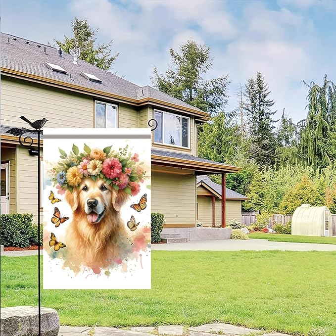 Starlit Patio Welcome Spring Summer Garden Flag 12x18 Double Sided Golden Retriever Dog Garden Flag Pet Flower Butterflies Yard Outside Decorations Floral Flower Seasonal Outdoor Small Home Decor