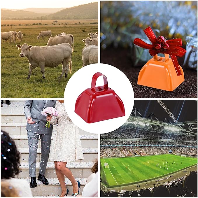 PATIKIL 48pcs Cow Bells for Football Games, 3 Inch Cowbells for Sporting Events Bulk Loud Noise Makers Metal Cow Bell with Rope for Cheering Wedding, Red