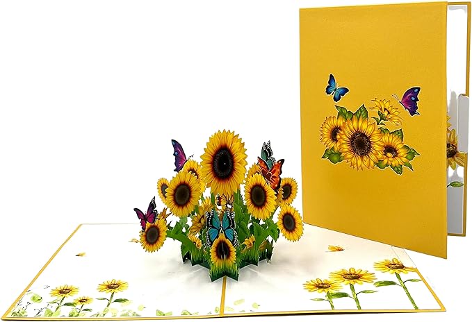 3D Pop Up Greeting Card Sunflower Field in Full Bloom size 5x7 inch include a matching theme Notecard and Envelope