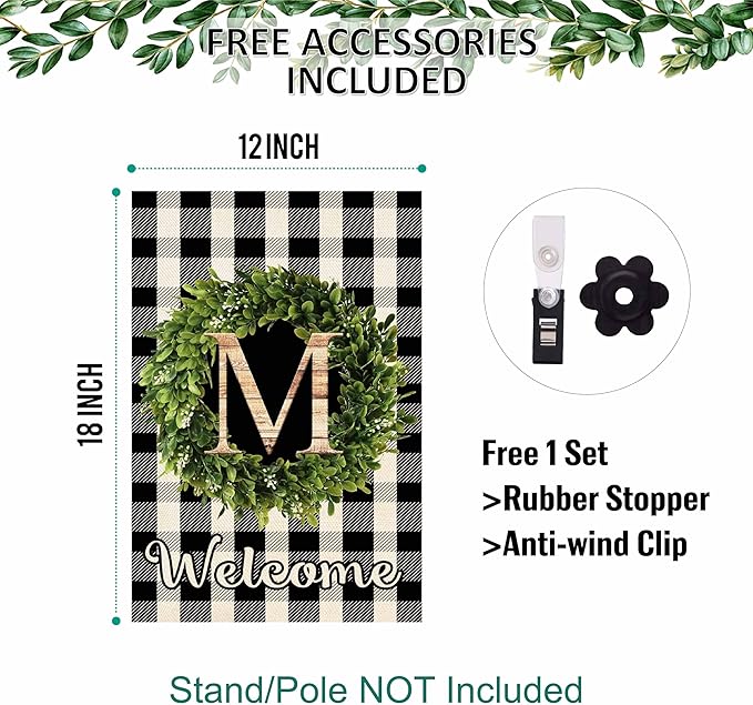 Baccessor Monogram Letter M Garden Flag 12.5 x 18 Inch, Buffalo Plaid Family Last Name Initial Boxwood Wreath Welcome Vertical Double Sided Small Flags for Outdoor Outside Decoration