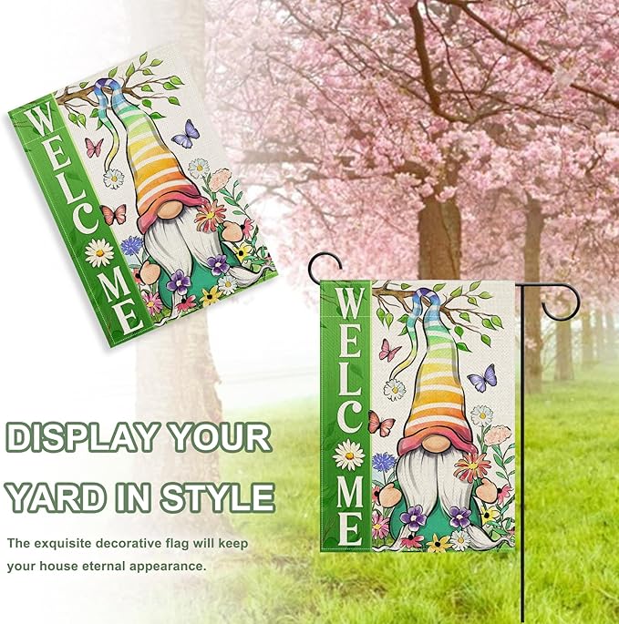 Covido Welcome Spring Summer Gnome Decorative Garden Flag, Daisy Floral Flowers Butterfly Green Rainbow Yard Outside Decorations, Farmhouse Outdoor Small Home Decor Double Sided 12 x 18