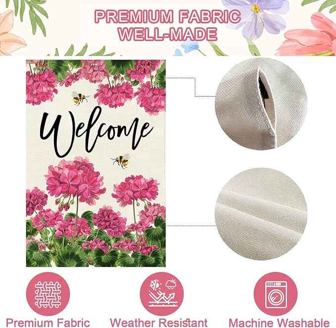 Baccessor Spring Summer Geranium Welcome Garden Flag Double Sided Burlap with Clip and Stopper,Pink Floral Bee Flag Seasonal Farmhouse Front Entry Yard Lawn Outside Outdoor Decoration 12.5 x 18 Inch