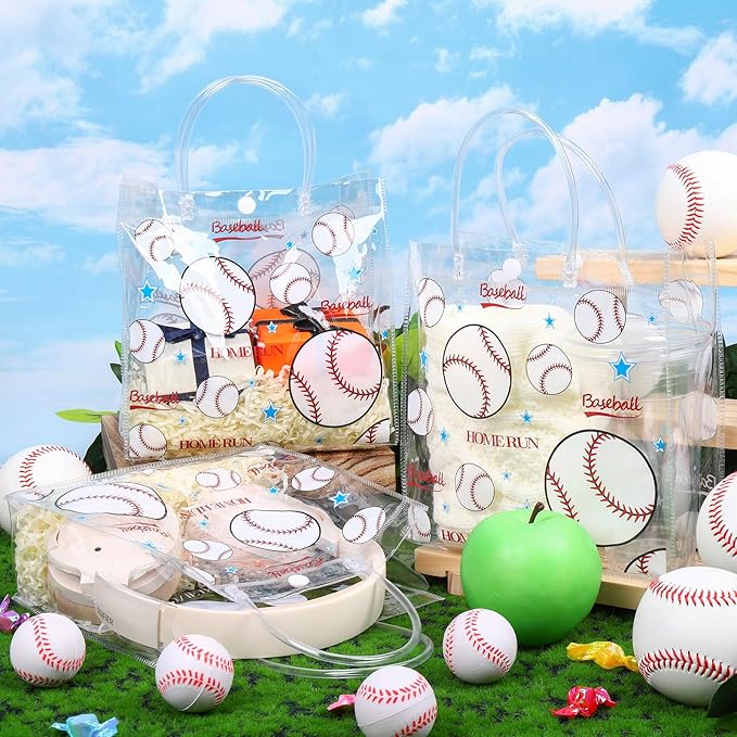 Zenoble 24 PCS Baseball Party Favors Bags PVC Clear Goodie Snack Candy Treat Gift Bags with Handle for Baseball Team Theme Birthday Holiday Party Supplies Baby Shower Decorations