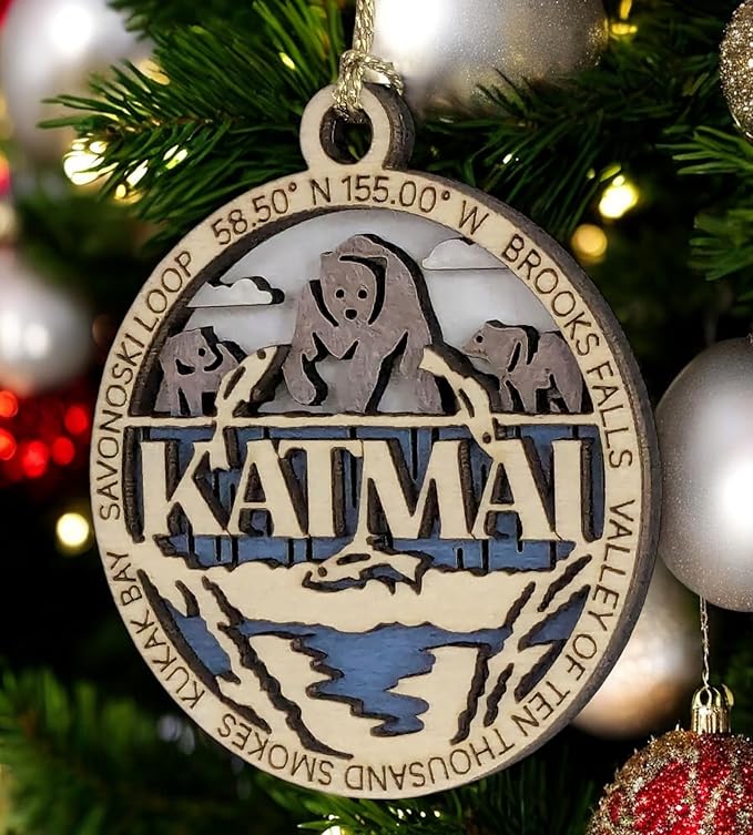 Katmai National Park Handcrafted Wood Ornament - 3" Bear Scene Christmas Decoration, Laser Cut in USA