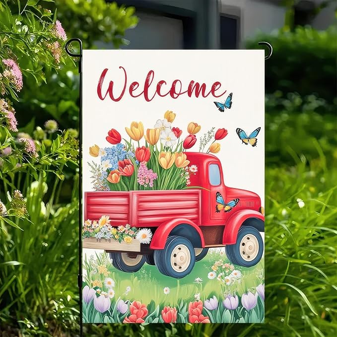 BlissYard Outdoor Garden Flag Double Sided Garden Flag Welcome Red Truck Flag Spring Flowers and Butterflies Design 12x18 Inch Polyester Yard Decoration for Outdoor Lawn and Patio