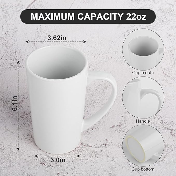 22oz white Super Large tall Ceramic Coffee Mugs Large Handles Set of 4