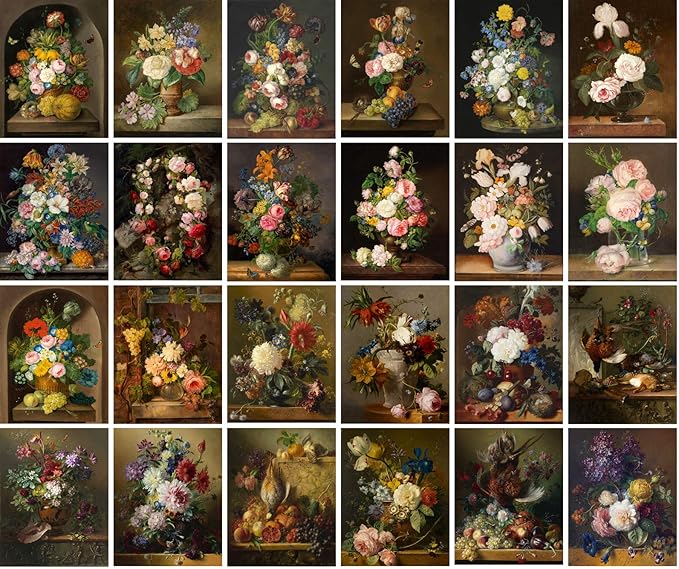 PIXILUV Vintage PostCards 24 pcs FLOWERS STILL LIFE BOUQUET Antique Museum Painting Art by Franz Retro Poster REPRINT