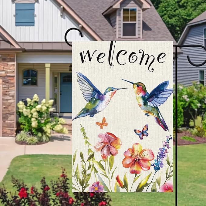 BlissYard Welcome Hummingbird Garden Flag Double-Sided 12 x 18 Flag Spring Garden Flag Hummingbird Garden Flags Floral Flowers Yard Flag Vintage Spring Flag House Seasonal Outside Outdoor Decoration