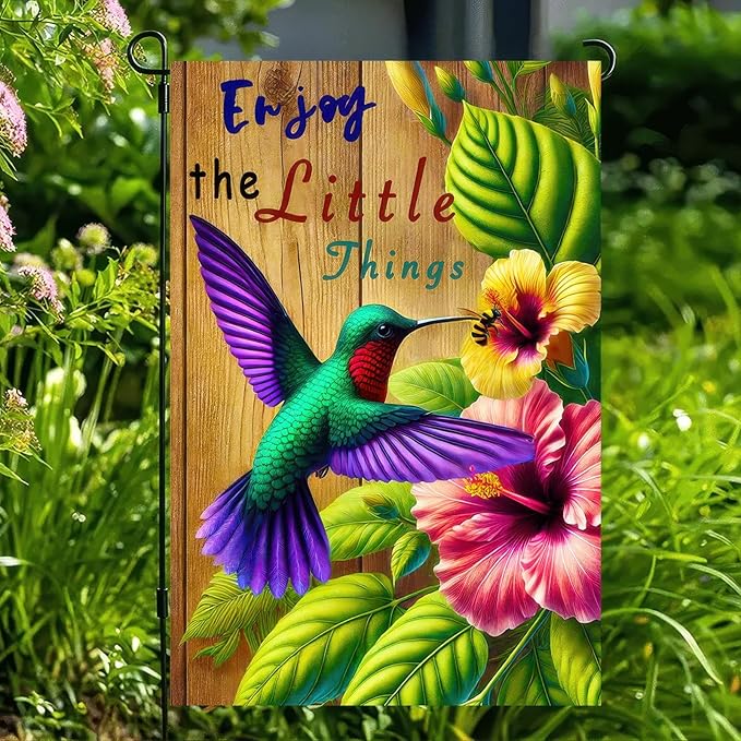 BlissYard Springtime Hummingbirds Spring Garden Flag Double Sided 12 x 18 Inch Enjoy The Little Things Floral Flower Small Decorative Garden Flag Spring Summer Hummingbird Bee Yard Lawn Outside Decor