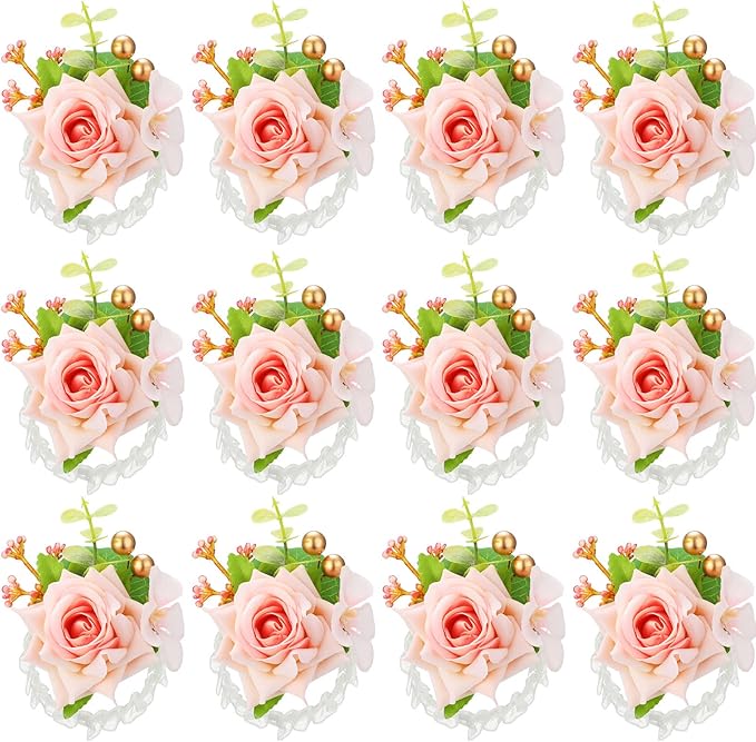 Sherr Set of 12 Rose Wrist Corsages for Wedding Corsage Flower Wristlet Floral Wedding Wrist Bridal Rose Leaf Hand Flowers for Bride Bridesmaid Prom Engagement Festival(Pink)