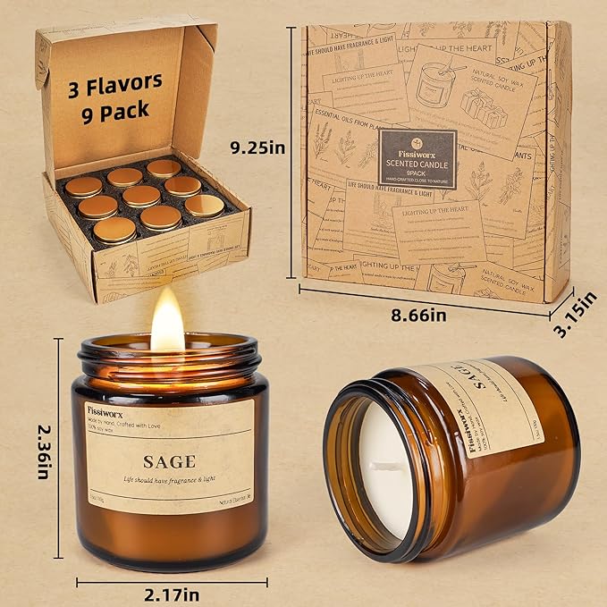 9 Pack Soy Candles for Home Scented |（Vanilla/Lavender/Sage） Long-Lasting 270 Hours, Natural Scented Candles Gift for Women & Men, Birthday, Mother’s Day, Christmas, Thanksgiving