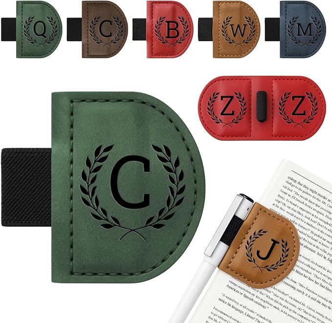 Personalized Bygone Mark Bookmark with Pen Holder,Engraving Leather Magnetic Bookmarks Vintage 26 Letters Name Initials Text Book Marker Clips Gifts for Reading Book Lovers Women (Green, C)