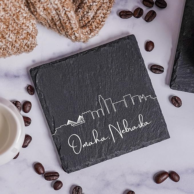 Blue Ridge Mountain Gifts - Omaha NE Skyline Coasters, Set of 4 - Omaha Nebraska Souvenir, Slate Coasters with Minimalist Skyline, Housewarming Gift for Friends, Family, & Neighbors