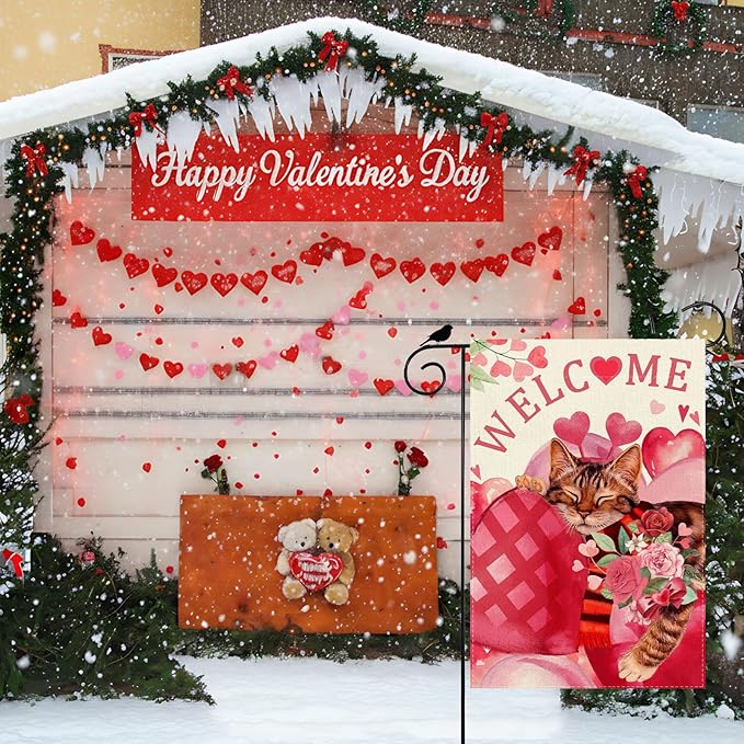 ZAEW Welcome Valentine’s Day Garden Flag Romantic Red Big Roses Love Heart Cat Yard Flag 12x18 Inch Double Sided Small Mini Yard Outdoor Outside Holiday Decoration