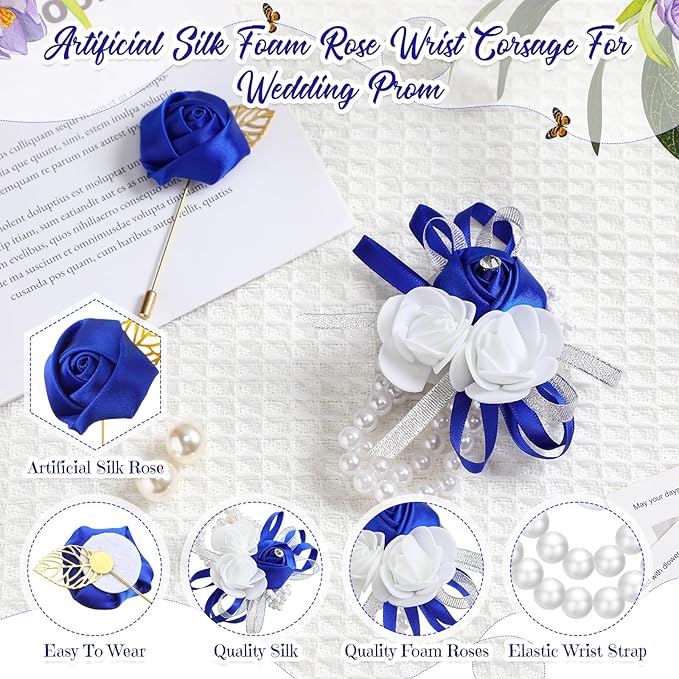 Tigeen 48 Pcs Wrist Corsage and Men's Boutonniere Set for Wedding Wristlet Corsage Hand Flower for Mother of Bride, Bridal, Bridesmaid Suit Decorations (Blue)