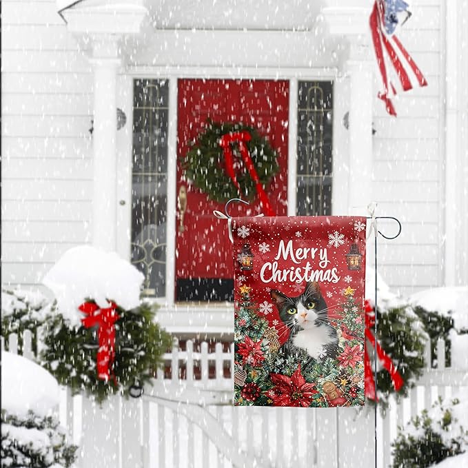 Christmas Cat Garden Flag Merry Christmas Tuxedo Cat Yard Flag for Outside Xmas Flags 12x18 Double Sided Red Poinsettia Garden Flags Winter Porch Outdoor Decor