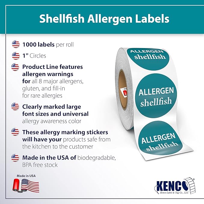 Kenco Allergen Warning Stickers - 1" Circle Label, 1,000 Allergy Warning Labels Per Roll in Universal Allergy Awareness Colorway (12 Pack, Shellfish)