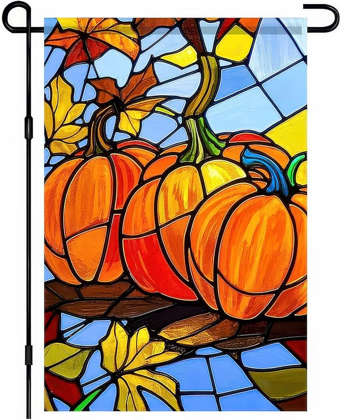 BlissYard Thanksgiving Fall Garden Flag 12x18 Inch Welcome Stained Glass Pumpkin Flag Double Sided Autumn Yard Banner Leaves Harvest for Porch Lawn Patio Seasonal Decor