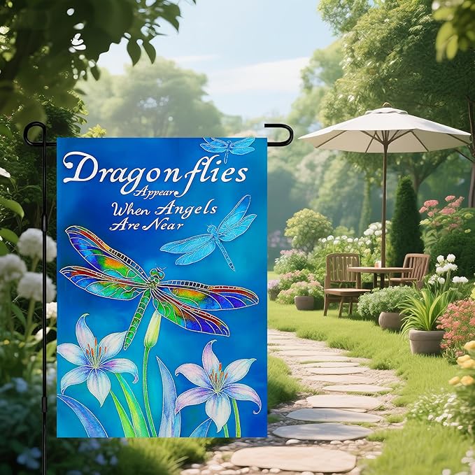 IVN Dragonfly Garden Flag 12x18 Inch Double Sided Blue Flower Outdoor Yard Flag for Home Front Door Lawn Porch Nature Decor