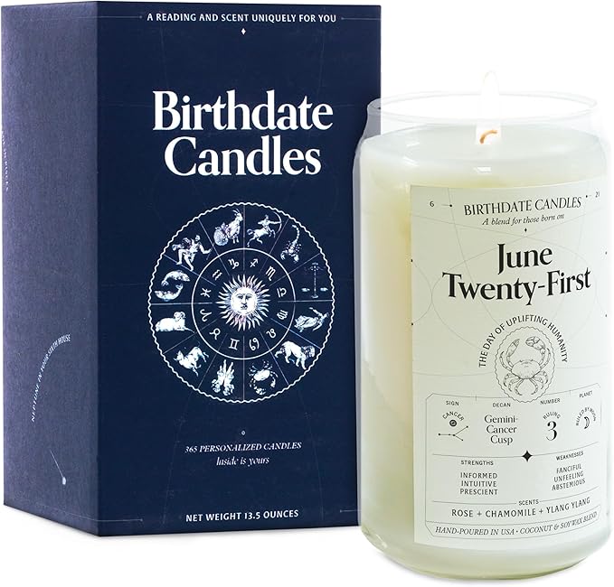 Birthdate Candles, June 21 - Cancer Zodiac Scented Candles Birthday Gift - Rose, Chamomile & Ylang Ylang Scent - All-Natural Soy & Coconut Wax, 60-80 Hour Burn Time - Made in USA
