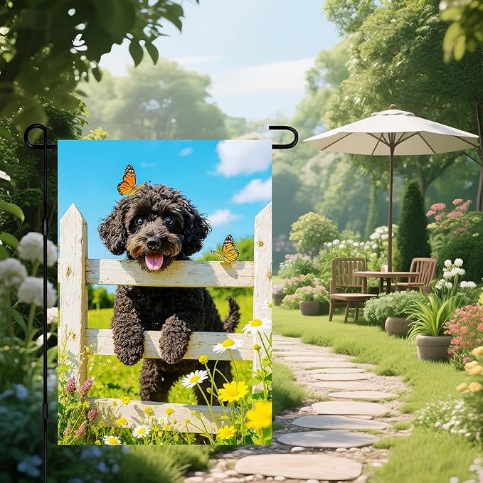 IVN Spring Garden Flag 12x18 Inch Double Sided Curly Brown Dog and Butterfly Scene Outdoor Yard Flag for Outside Front Door Lawn Porch Patio Welcome Decor