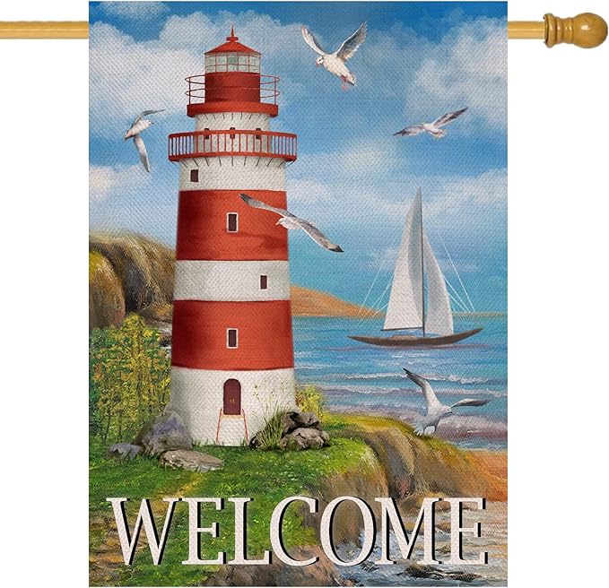 Covido Home Decorative Welcome Summer Lighthouse House Flag, Spring Coastal Seagull Birds Garden Yard Beach Nautical Sailboat Outside Decoration, Ocean Outdoor Large Burlap Decor Double Sided 28 x 40