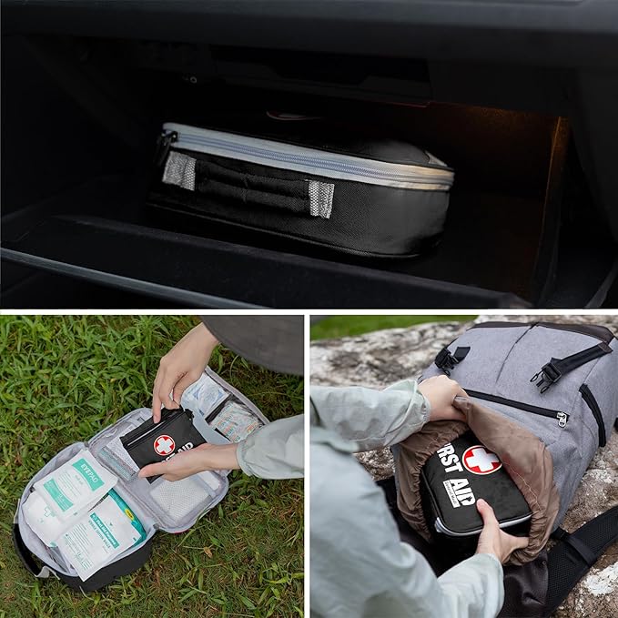 General Medi 2-in-1 First Aid Kit (215 Piece Set) + 43 Piece Mini First Aid Kit -Includes Ice(Cold) Pack, Moleskin Pad and Emergency Blanket for Travel, Home, Office, Car, Workplace(Black)