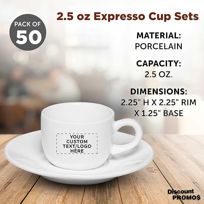Custom Porcelain Espresso Cups with Saucer 2.5 oz. Set of 50, Personalized Bulk Pack - Perfect for Coffee, Tea, Espresso, Hot Cocoa, Other Beverages - White