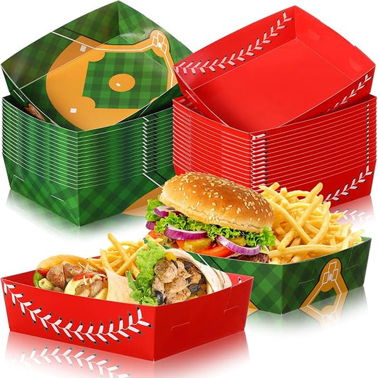Teling 36 Pcs Baseball Theme Party Supplies Large 5 lb Baseball Plates Trays Food Boat Paper Softball Disposable Nacho Snack Serving Tray Dinner Plate for Softball Birthday Decorations Favor(Red)