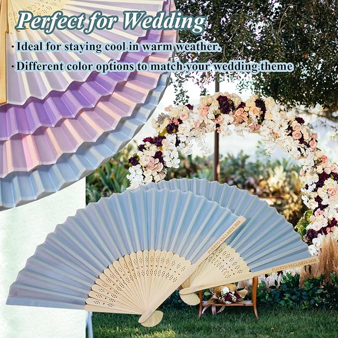 Personalized Engraved Silk Fans Folding Hand Fans 10 Pcs, Light Blue Summer Wedding Fans, Custom Imitated Silk-Bamboo Fans for Guests Wedding Party Favor Bridal Shower Gifts Party Decoration