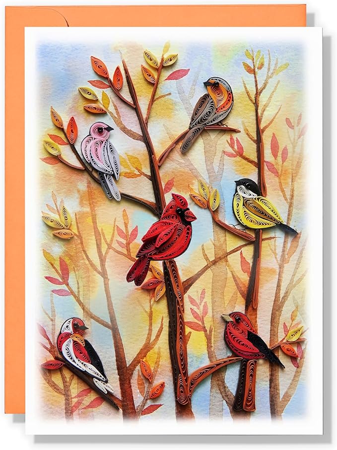 Autumn Tree and Thanksgiving Card, Quilling Art, Birds and Season Themed, Watercolor Classy Cards for Mom, Women, Wife, Daughter (Birds - Fall Garden)