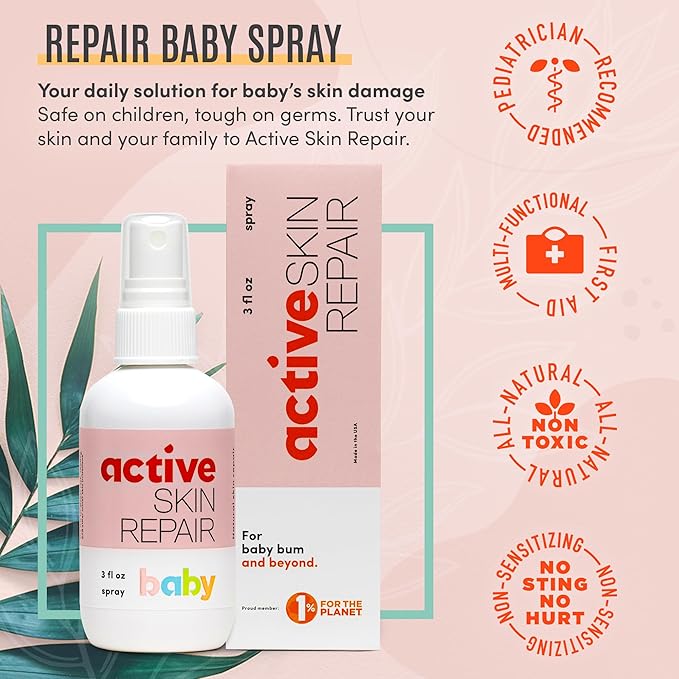 Active Skin Repair Natural, Non-Toxic, No Sting Baby Spray First Aid Safe For Use on Diaper Rash, Baby Acne, Eczema, Cuts, Wounds, Scrapes, and Other Skin Irritations (3 oz. Spray)