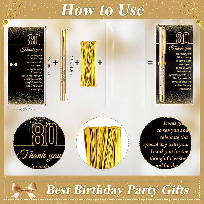 50 Set 80th Birthday Party Favor for Guest Anniversary Party Favor with Black and Gold Ballpoint Pens and Thank You Cards for Women Men Birthday Anniversary Appreciation Gifts