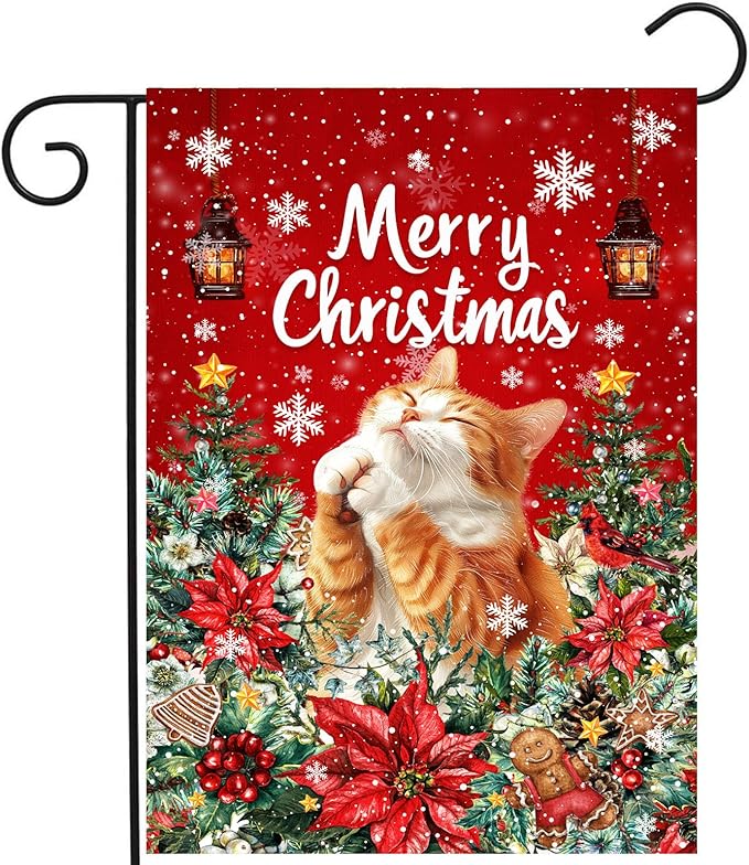 Christmas Cat Garden Flag Merry Christmas Orange Cat Yard Flag for Outside Xmas Flags 12x18 Double Sided Red Poinsettia Garden Flags Winter Porch Outdoor Decor