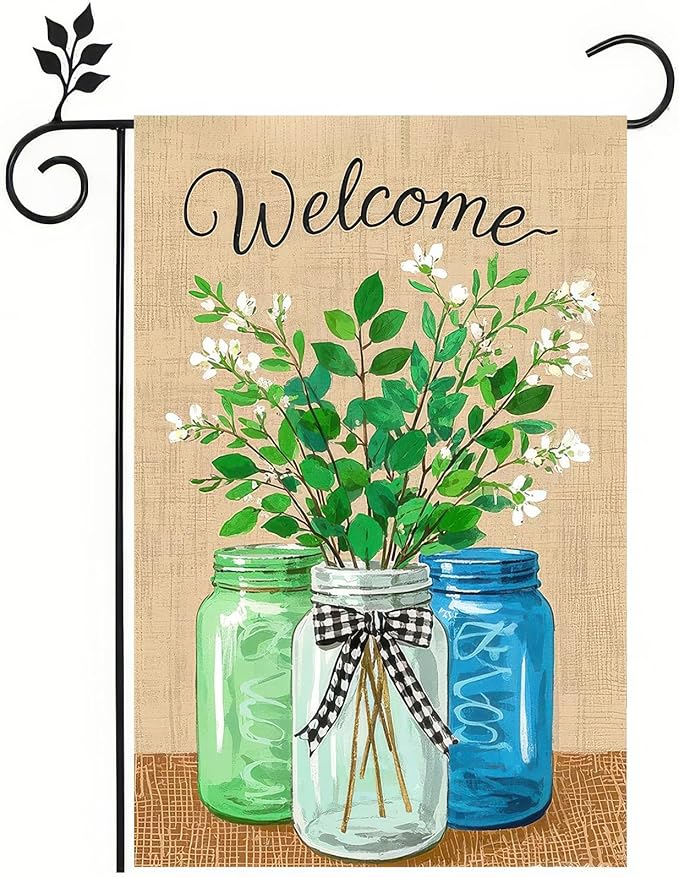 BlissYard Welcome Spring Garden Flag 12x18 Double Sided Mason Jars Floral Seasonal Small Flags For Outside Outdoor Decor Yard Farmhouse Holiday Spring Summer Decorations Yard Flags