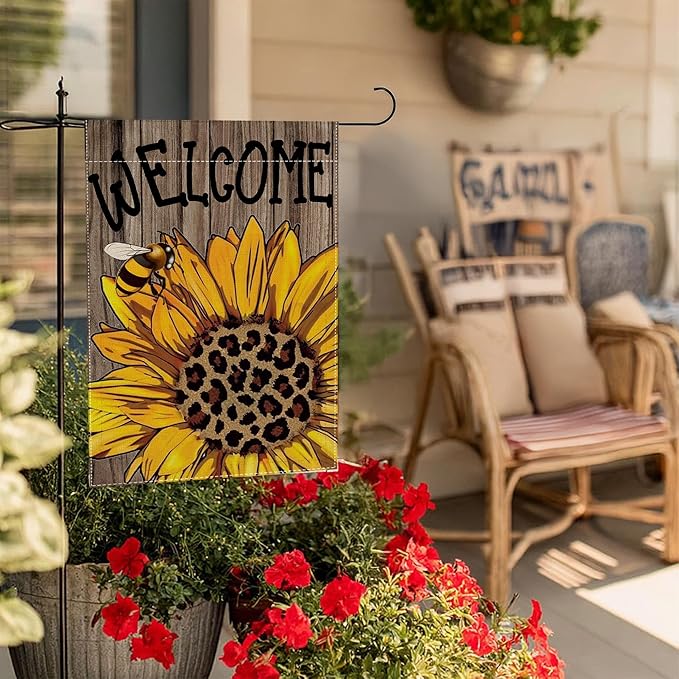 Garden Flags, Welcome Garden Flag, Bee Sunflower Flag Double-Sided Flags for Farmhouse Yard Outdoor-12 x 18inch (SUNFLOWER)