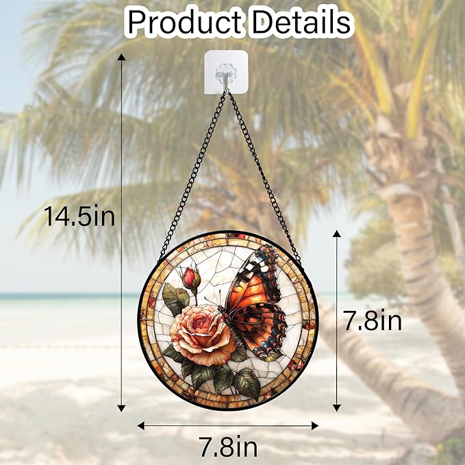 Stained Glass Window Hanging, Butterfly Picking Flowers Suncatcher for Doors Home Sun Catchers Decoration and Christmas, Mother's Day Birthday Gifts for Women, Men, and Mom 7.8 in