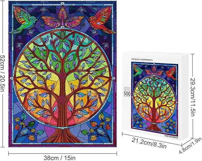 Wooden Jigsaw Puzzles - Unique Stained Glass Tree - 500 Piece Jigsaw Puzzle for Adults Teenagers and Kids Educational Family Game，Home Decor，Suitable for Puzzle Enthusiasts and Collectors