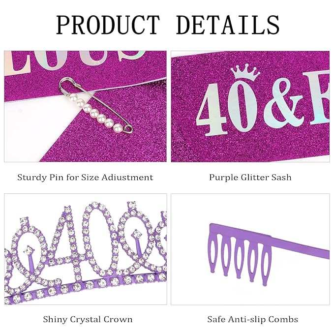 Casoty Purple 40th Birthday Sash and Tiara, 40th Birthday Decorations for Women, 40 & Fabulous Sash and Crown Set, Gifts for Her, Party Supplies for Women