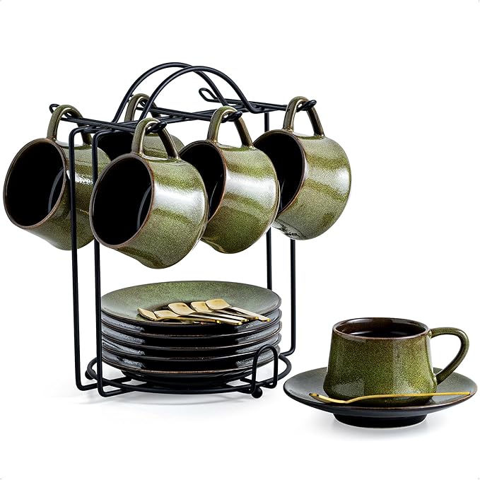 YHOSSEUN Ceramic Espresso Cups Set of 6, 4 Oz Expresso Shots Cup with Stand, Saucers & Spoons, Small Coffee Cup for Double Espresso, Mocha and Tea, Green